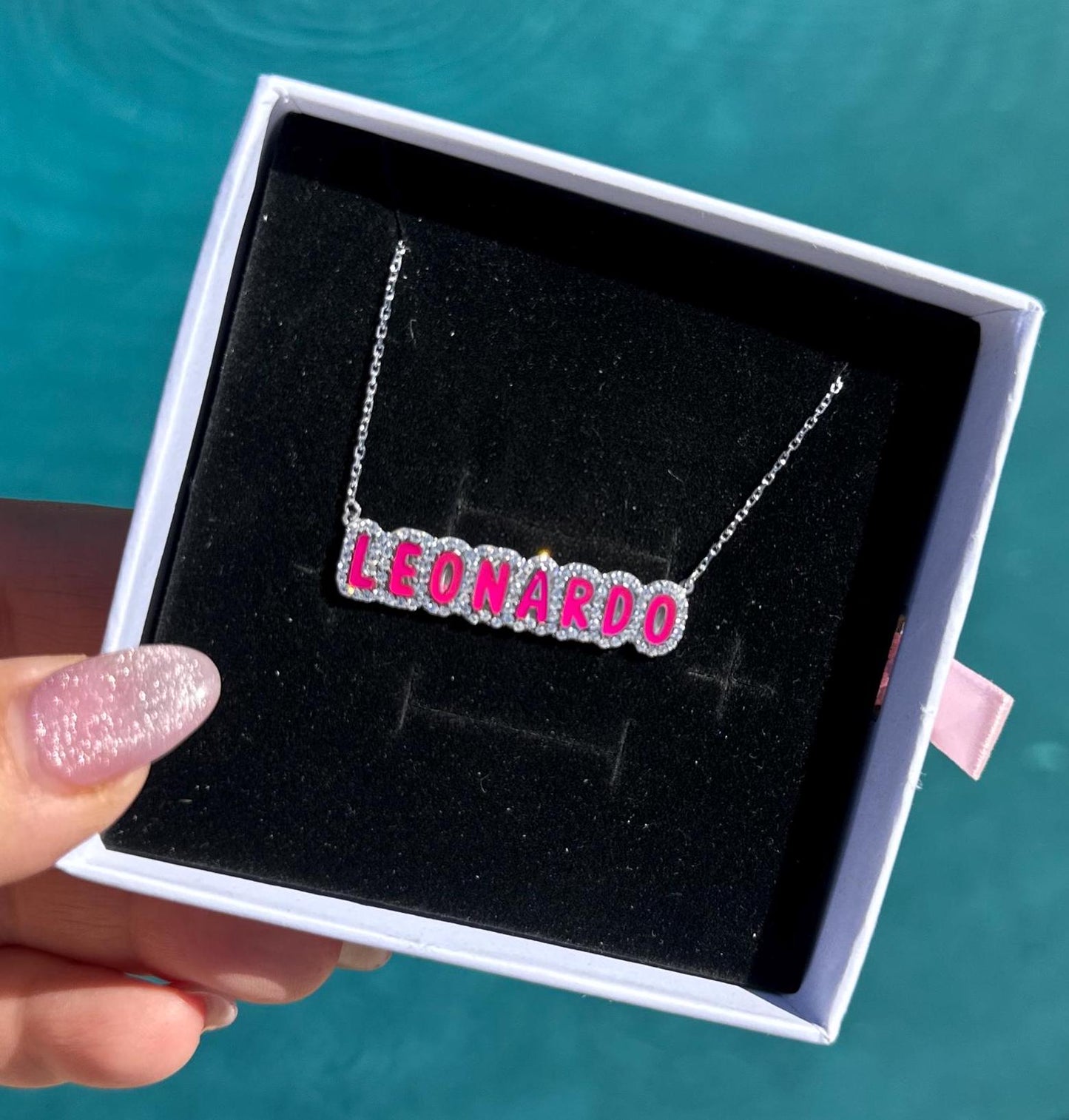 Bubble Name Personalized Enamel With CZ Name Necklace HAND PAINTED, high quality sterling silver Available In All Colors