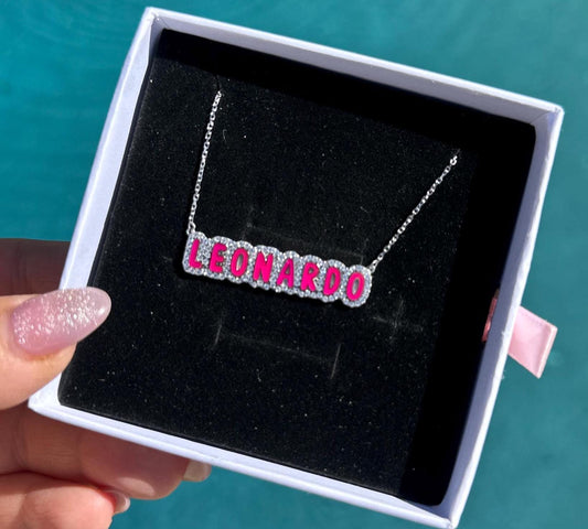 Bubble Name Personalized Enamel With CZ Name Necklace HAND PAINTED, high quality sterling silver Available In All Colors