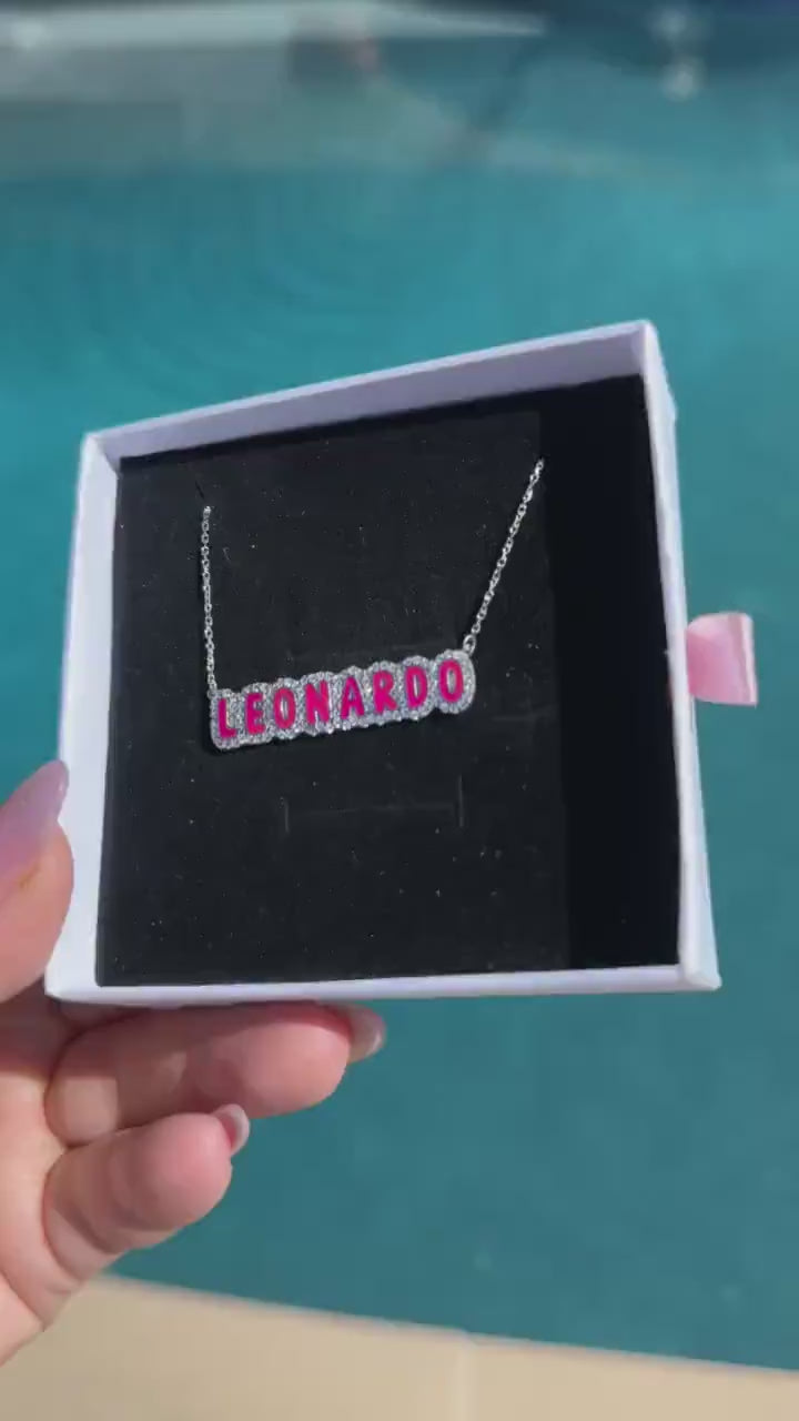 Bubble Name Personalized Enamel With CZ Name Necklace HAND PAINTED, high quality sterling silver Available In All Colors